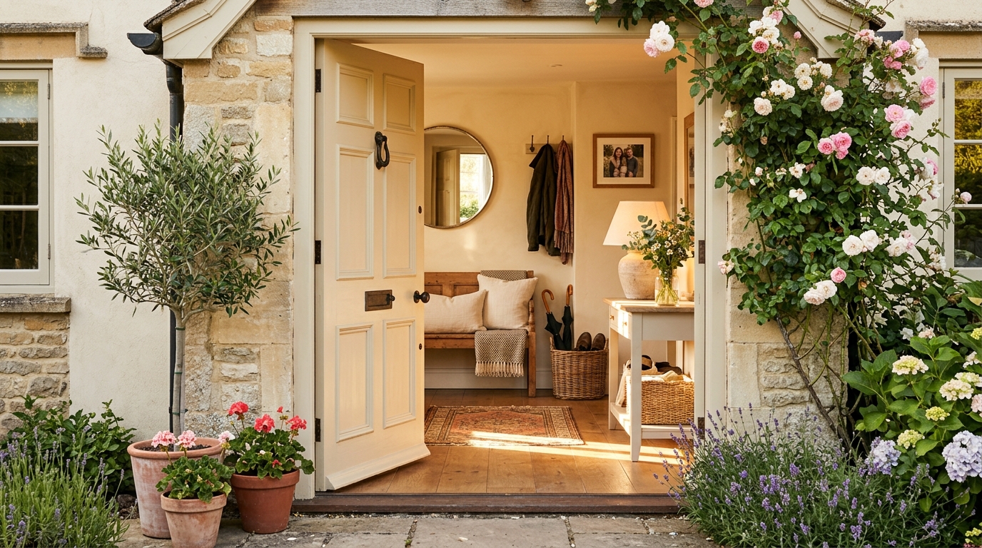 La porta aperta di una casa con la luce dorata del pomeriggio che entra
