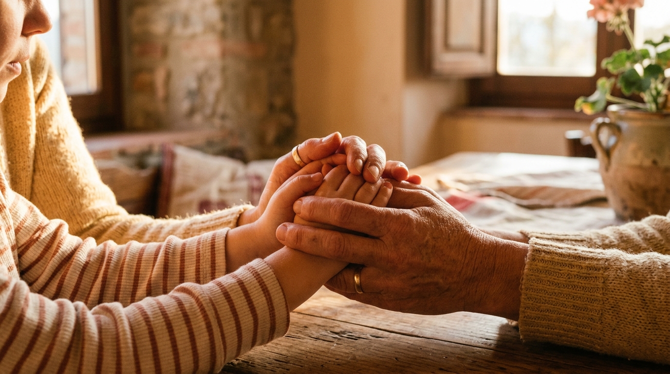 Le mani di un adulto stringono con dolcezza le mani di un bambino, alla luce calda del pomeriggio