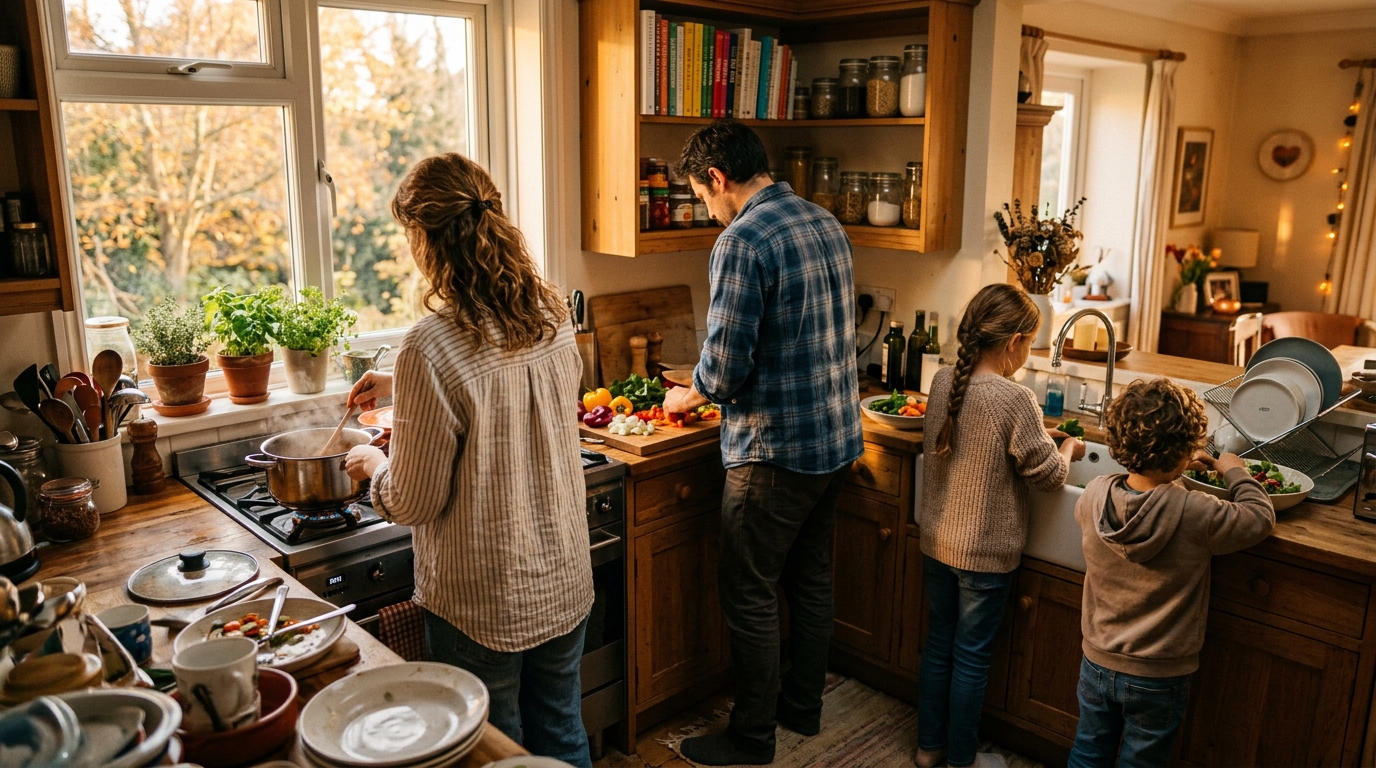 Una famiglia di spalle prepara la cena insieme in una cucina accogliente