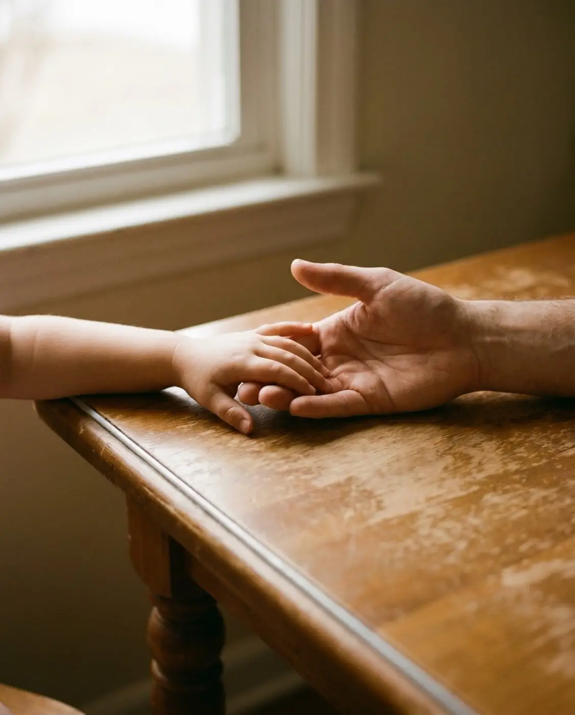 Una mano adulta e una piccola che si tengono su un tavolo di legno