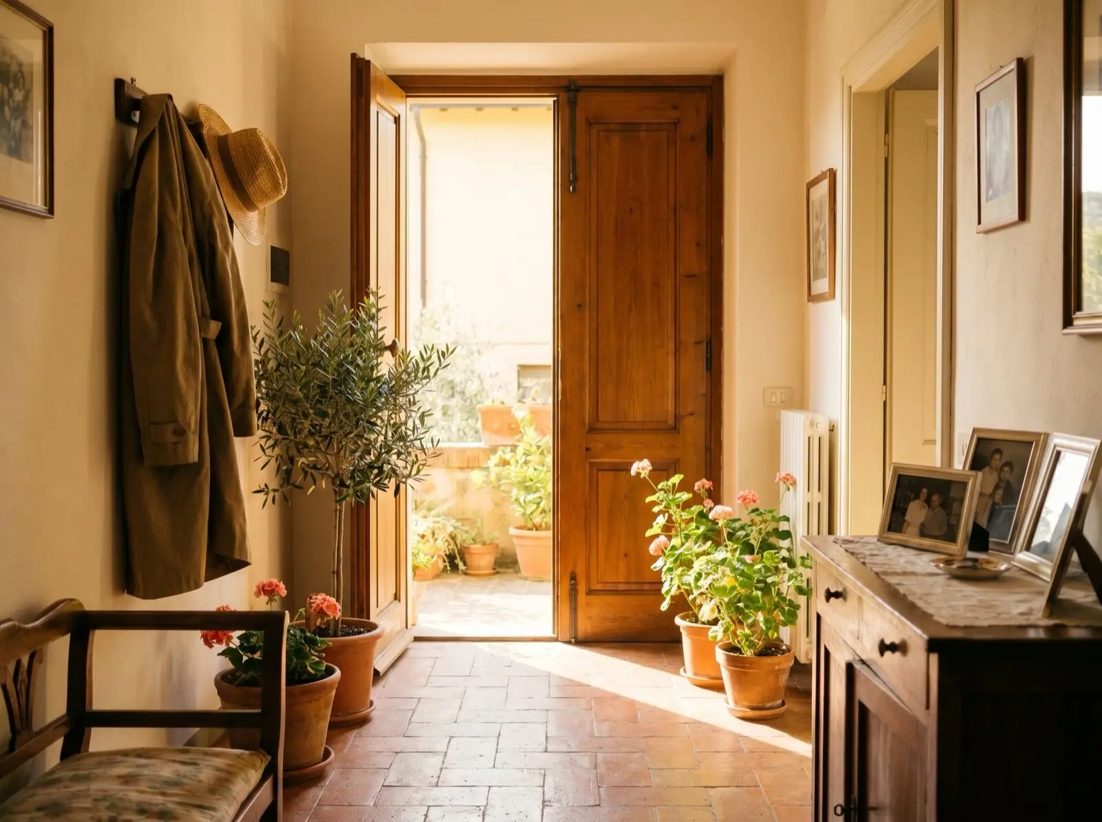 La porta aperta di una casa, con la luce calda del pomeriggio che entra