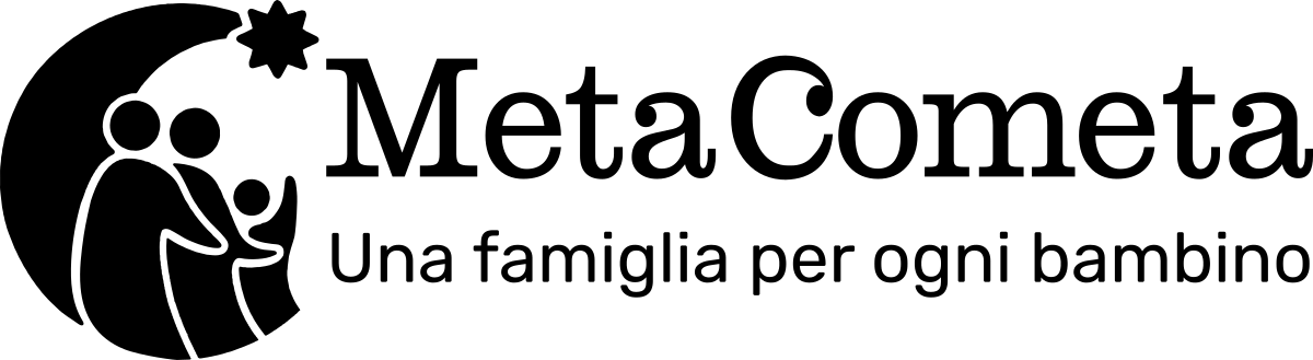 Logo MetaCometa con il motto «Una famiglia per ogni bambino», nero su fondo bianco
