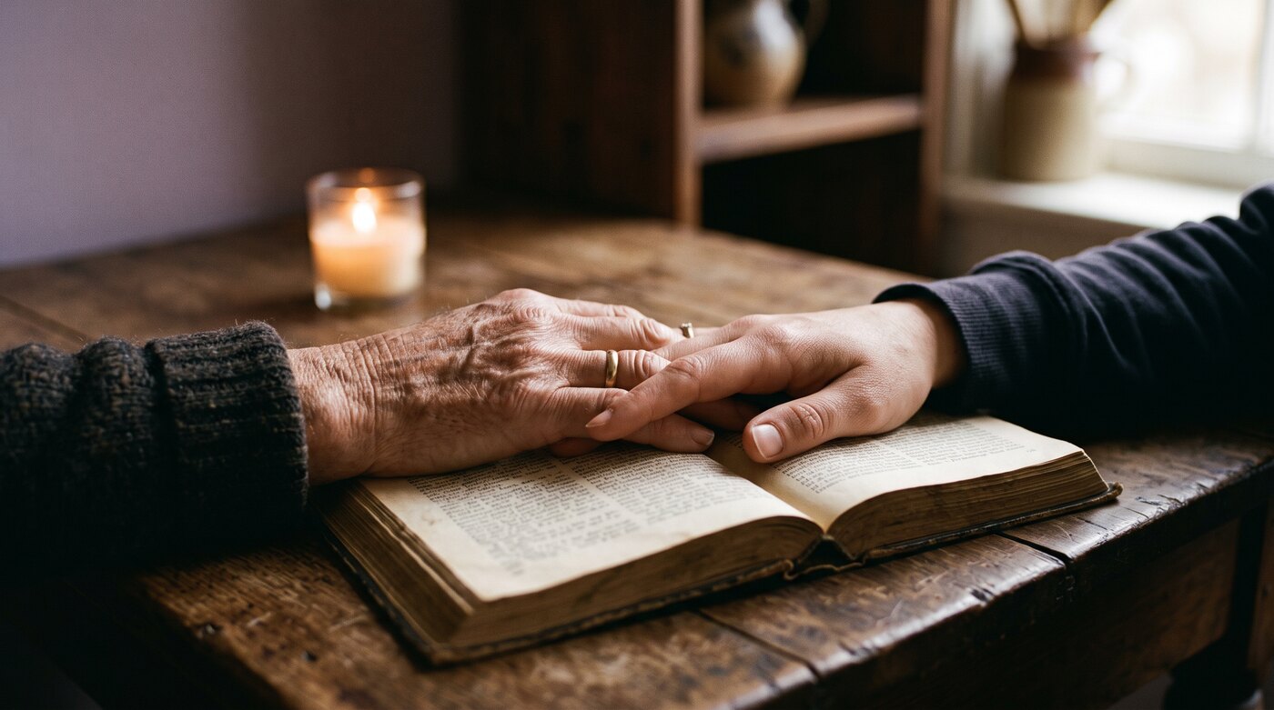 La mano di una persona anziana e quella di una più giovane posate su un libro aperto, accanto a una candela accesa